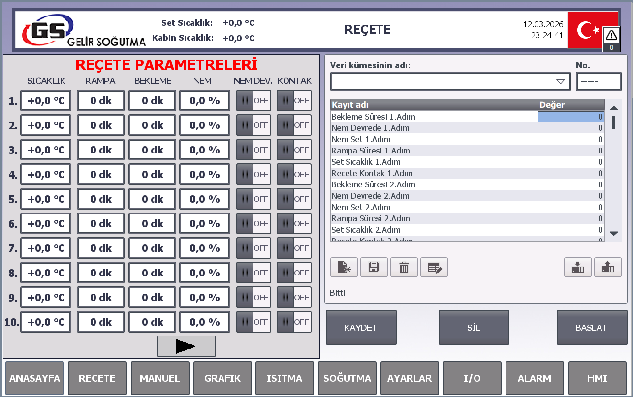 Klimatik kabin reçete programlama ekranı